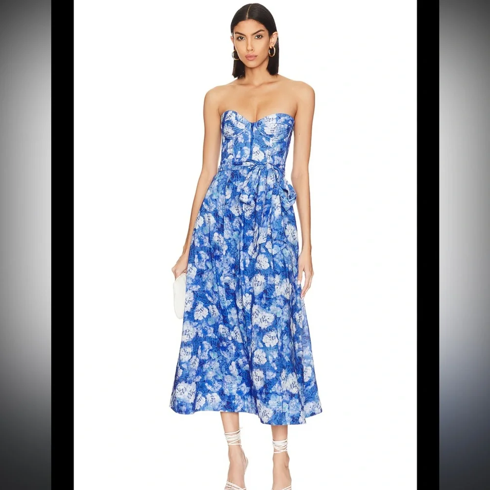 Bardot Blue Floral Strapless Midi Dress with Tie Waist - Picture 3 of 4